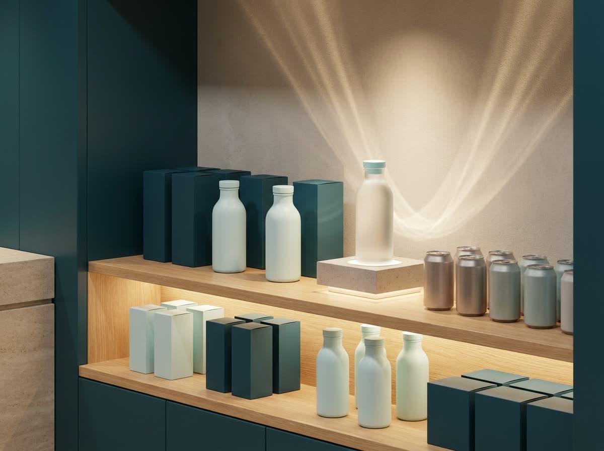 Emerging brand products displayed on a premium store shelf