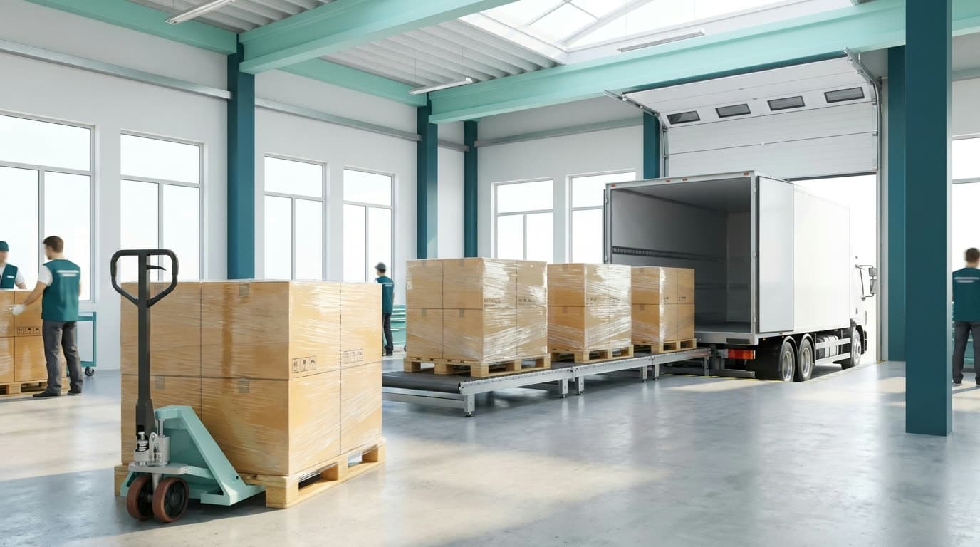 Pallets of boxed stock being loaded onto a freight truck