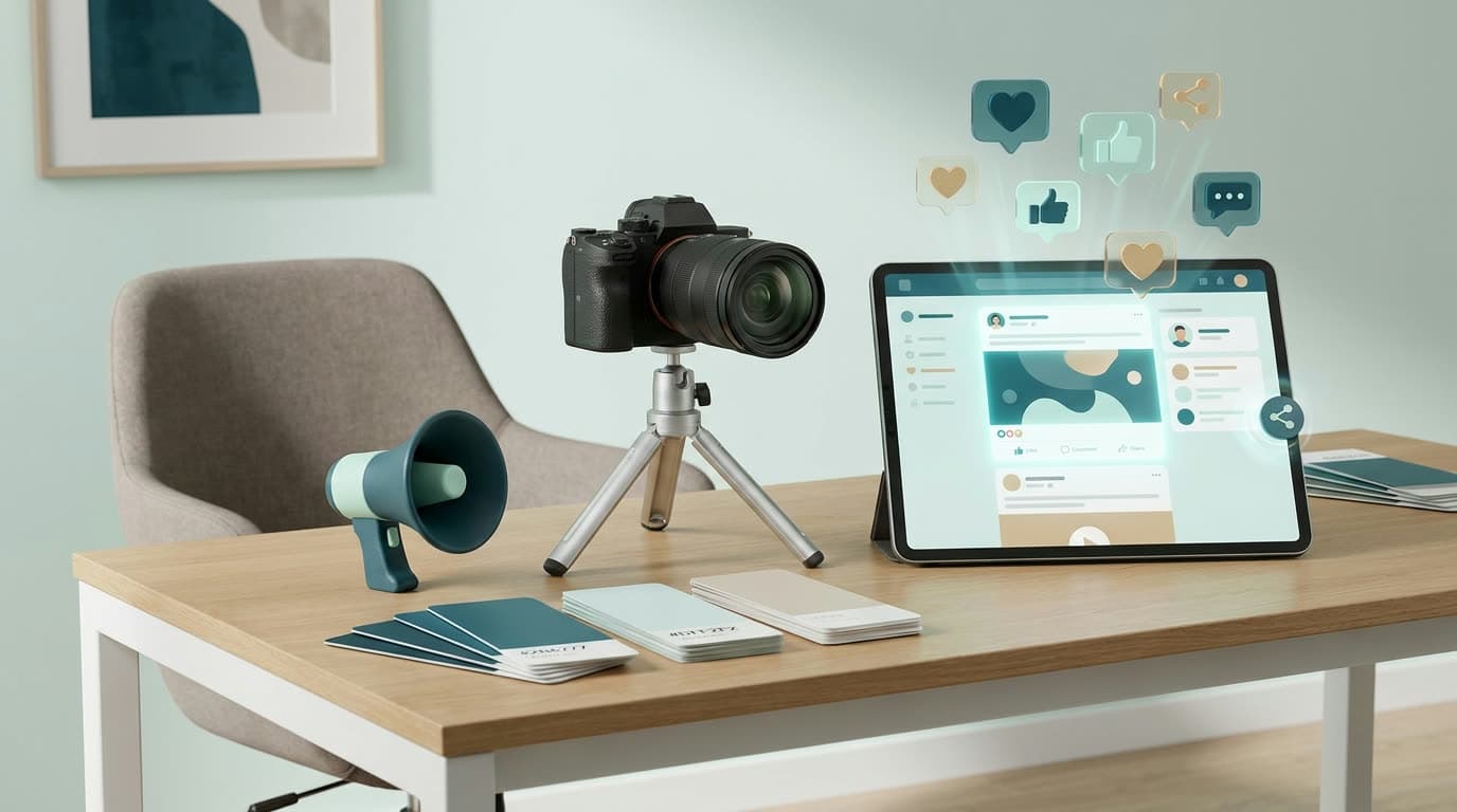 Creative studio desk with camera and social media content
