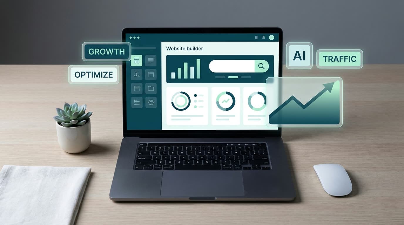 Laptop showing a website builder with analytics and keyword tags