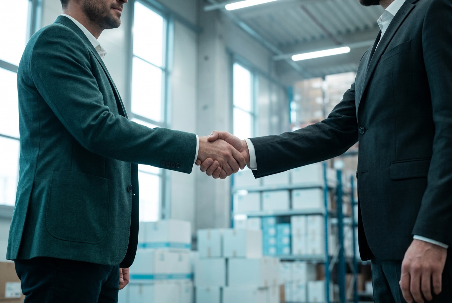 Partners shaking hands in a modern distribution warehouse